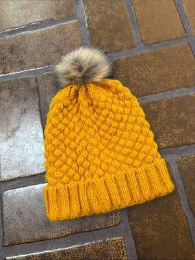 Mustard Yellow Chucky Knit Faux Fur Pom Pom Hat